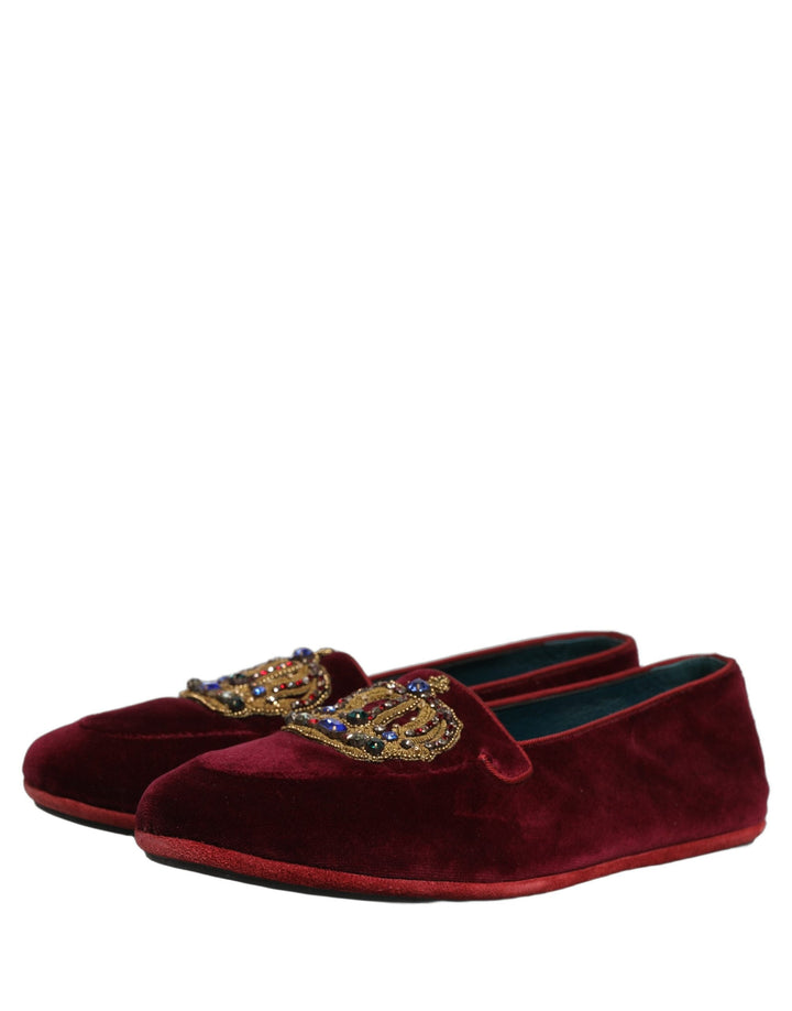 Men’s Dolce &amp; Gabbana Burgundy Velvet Crown Slip on Loafers Shoes