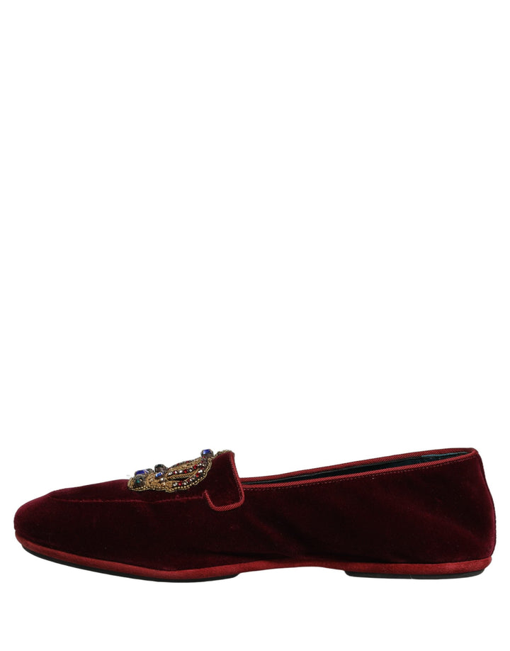Men’s Dolce &amp; Gabbana Burgundy Velvet Crown Slip on Loafers Shoes