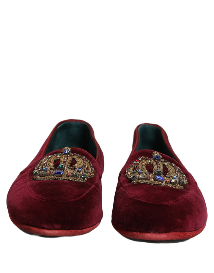 Men’s Dolce &amp; Gabbana Burgundy Velvet Crown Slip on Loafers Shoes