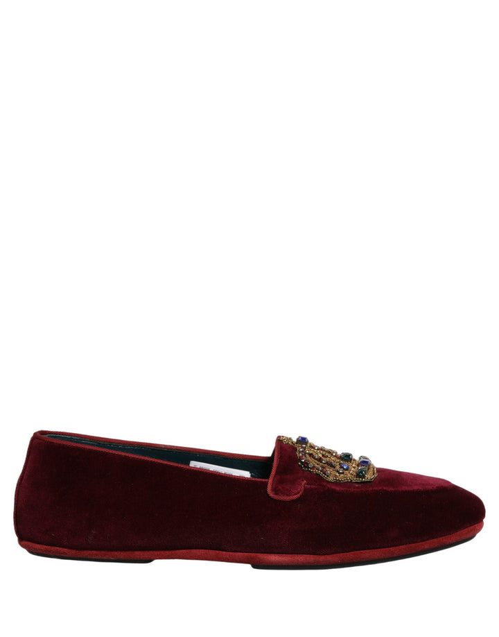 Men’s Dolce &amp; Gabbana Burgundy Velvet Crown Slip on Loafers Shoes