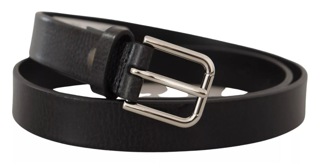 Dolce &amp; Gabbana Calf Leather Silver Tone Black Metal Buckle Belt