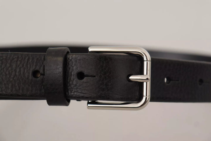 Dolce &amp; Gabbana Calf Leather Silver Tone Black Metal Buckle Belt