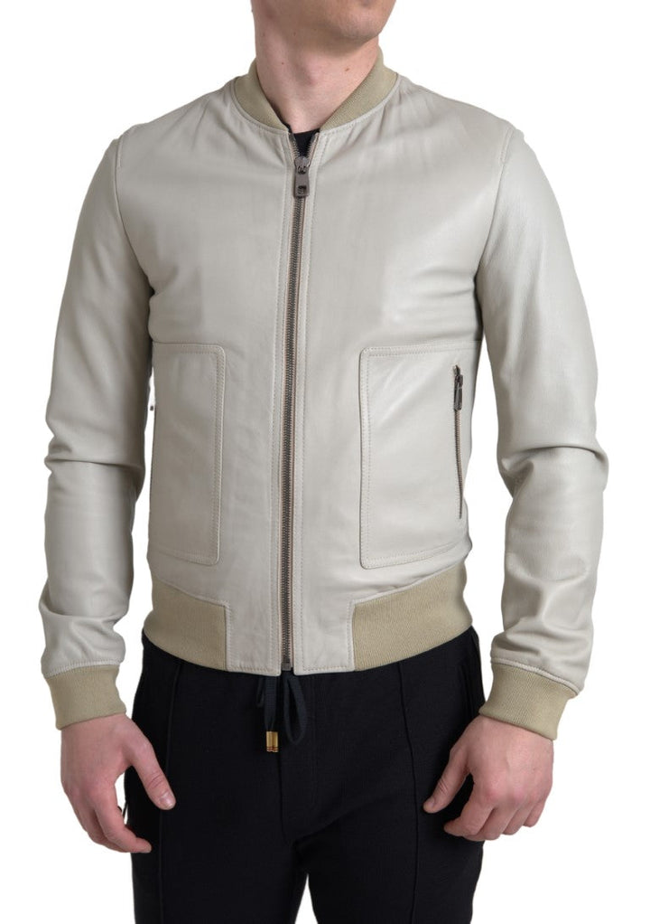 Men’s Dolce &amp; Gabbana Cream Leather Bomber Blouson Full Zip Jacket