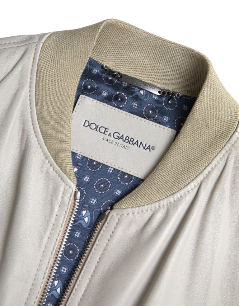 Men’s Dolce &amp; Gabbana Cream Leather Bomber Blouson Full Zip Jacket