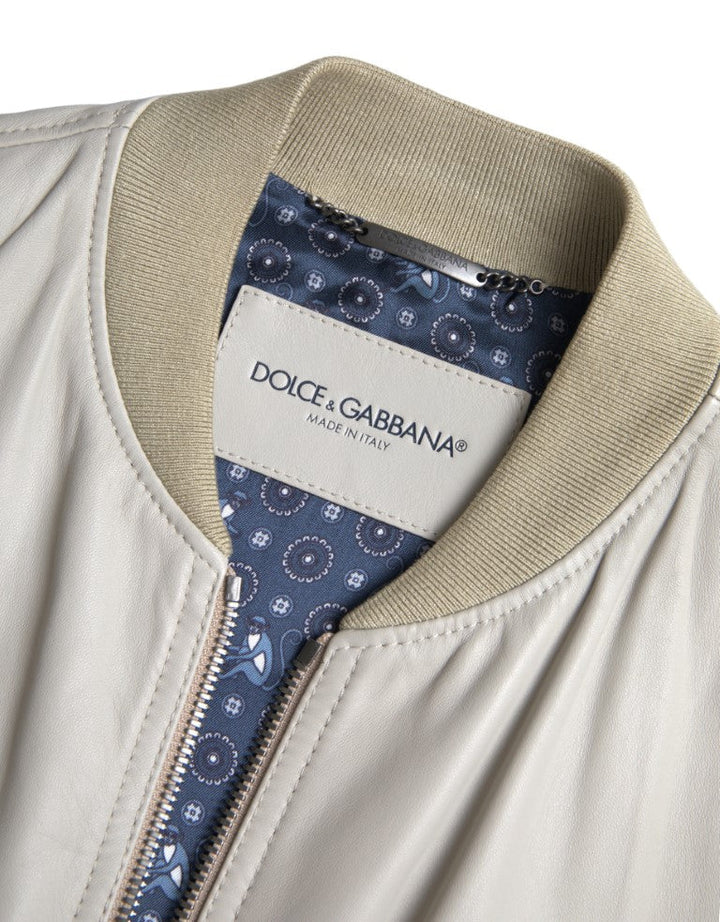 Men’s Dolce &amp; Gabbana Cream Leather Bomber Blouson Full Zip Jacket