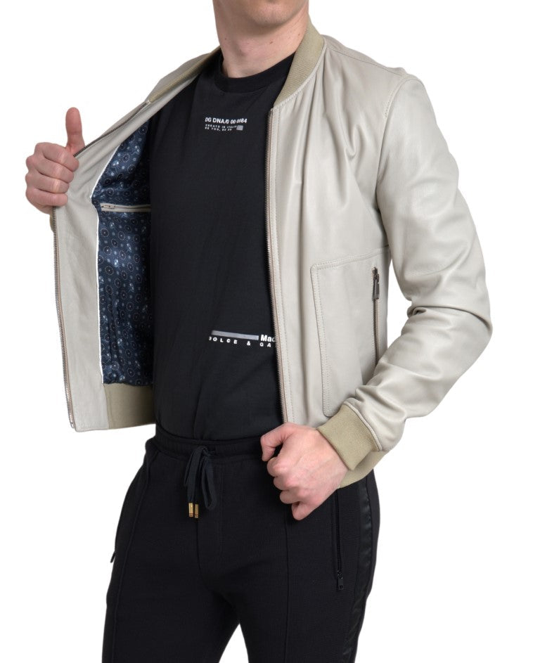 Men’s Dolce &amp; Gabbana Cream Leather Bomber Blouson Full Zip Jacket