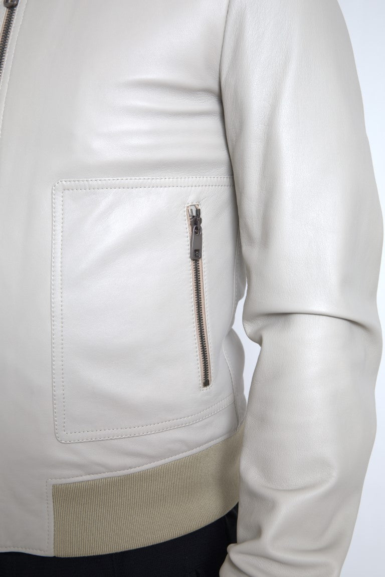 Men’s Dolce &amp; Gabbana Cream Leather Bomber Blouson Full Zip Jacket