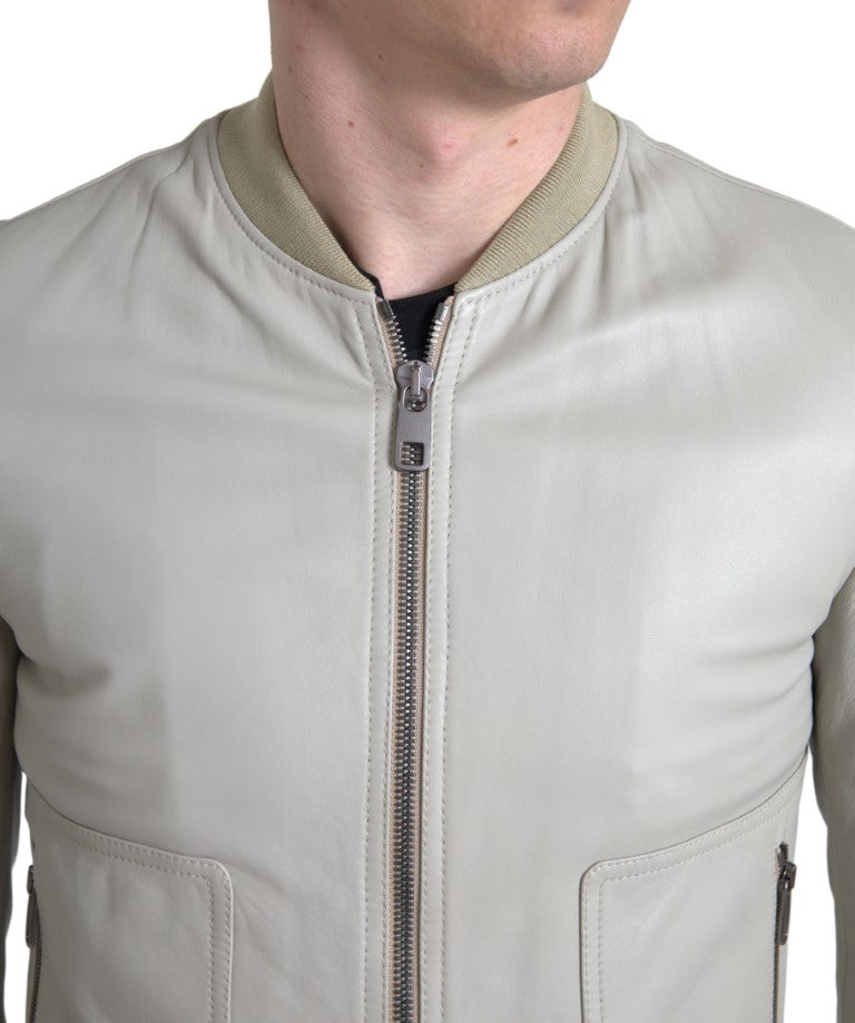 Men’s Dolce &amp; Gabbana Cream Leather Bomber Blouson Full Zip Jacket