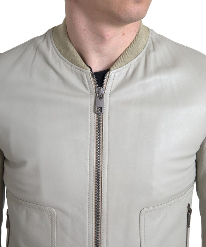 Men’s Dolce &amp; Gabbana Cream Leather Bomber Blouson Full Zip Jacket