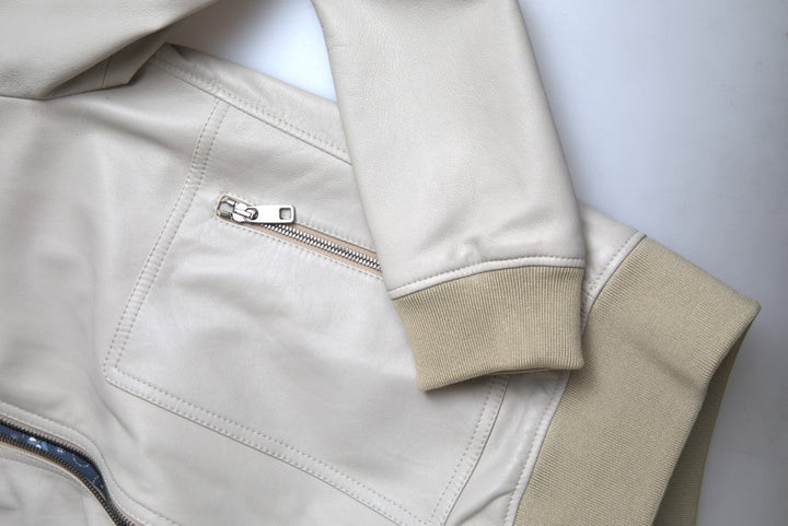 Men’s Dolce &amp; Gabbana Cream Leather Bomber Blouson Full Zip Jacket