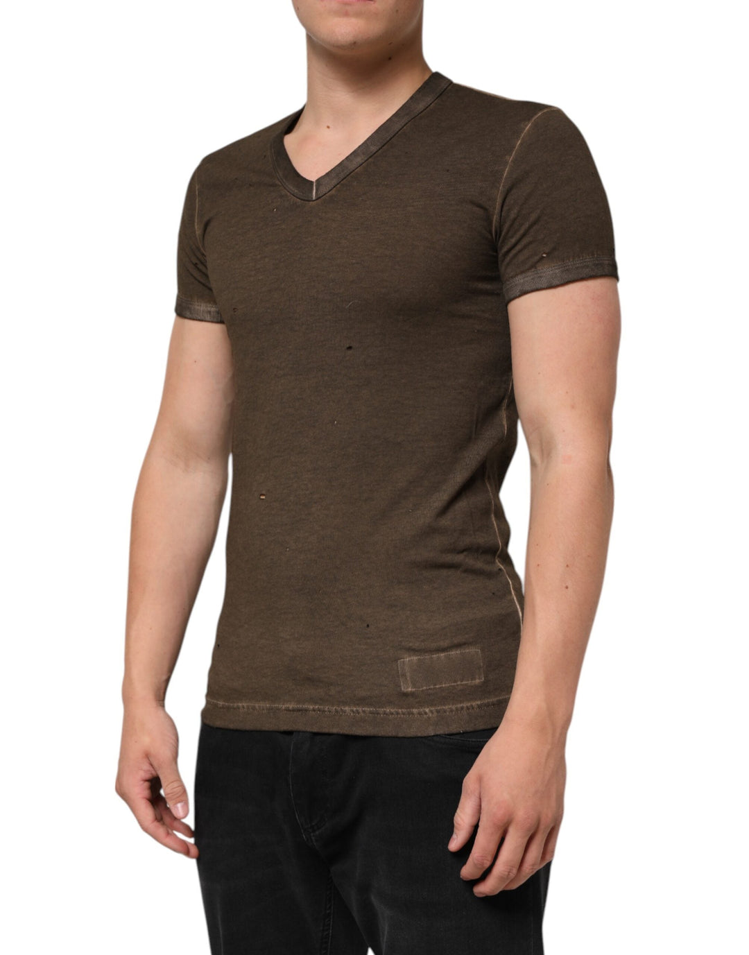 Dolce &amp; Gabbana Dark Brown Cotton Tattered Logo Men T-shirt
