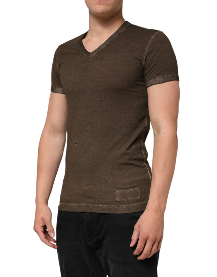 Dolce &amp; Gabbana Dark Brown Cotton Tattered Logo Men T-shirt