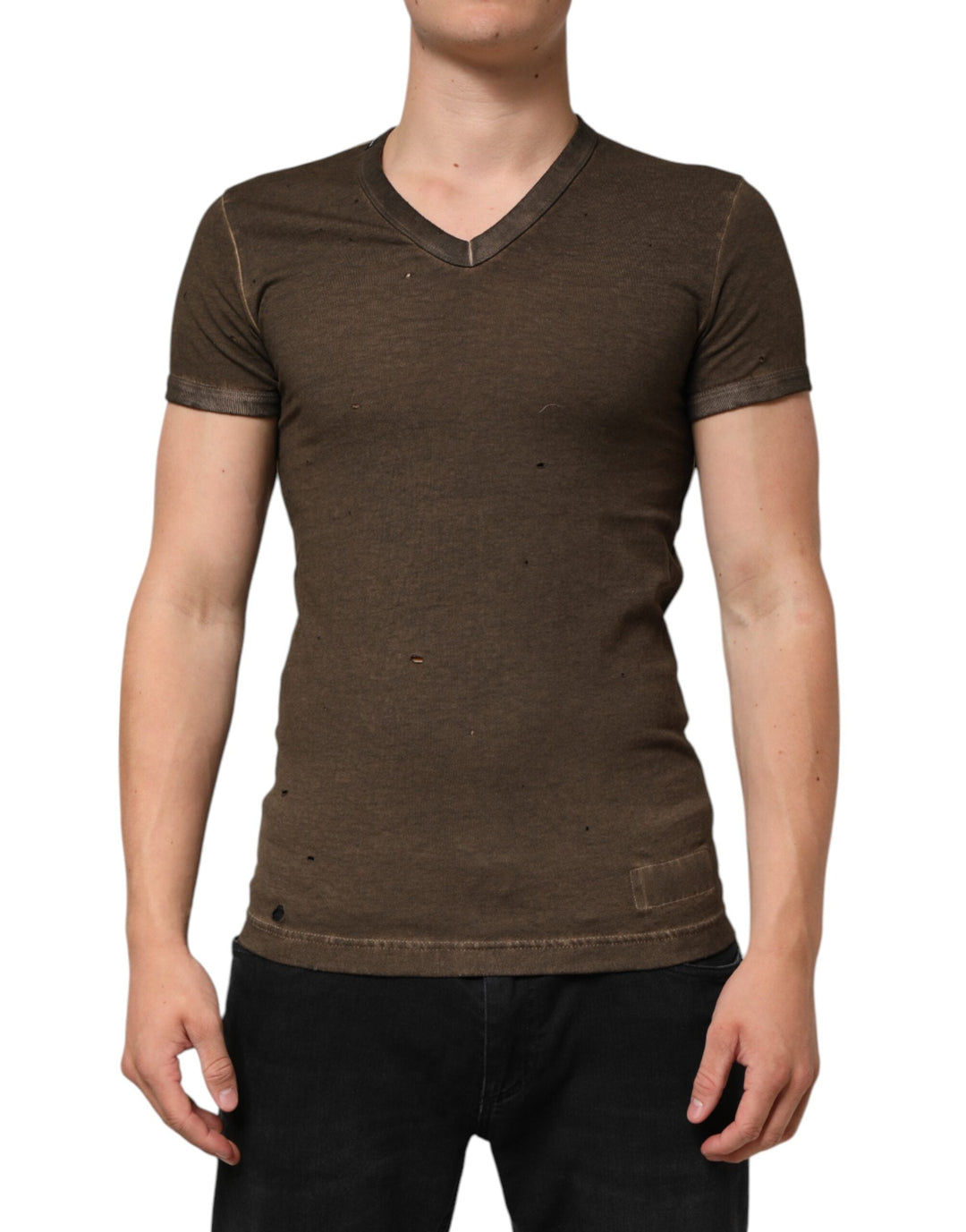 Dolce &amp; Gabbana Dark Brown Cotton Tattered Logo Men T-shirt