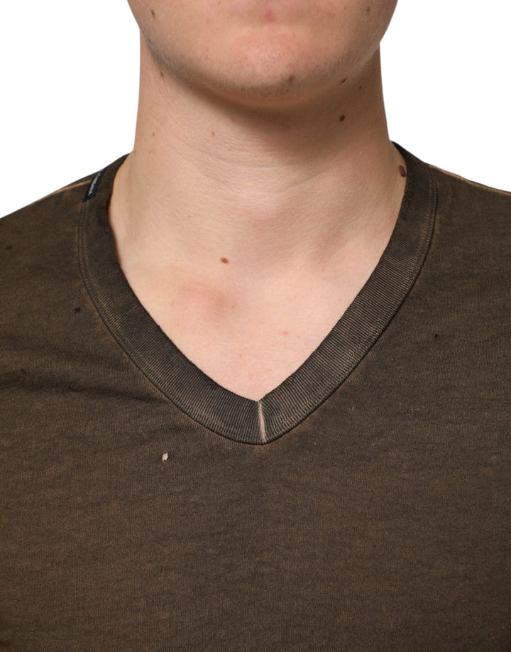 Dolce &amp; Gabbana Dark Brown Cotton Tattered Logo Men T-shirt
