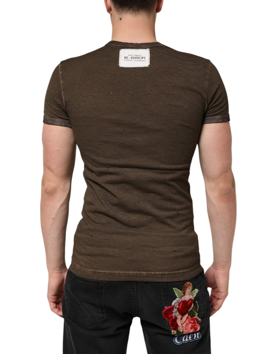 Dolce &amp; Gabbana Dark Brown Cotton Tattered Logo Men T-shirt