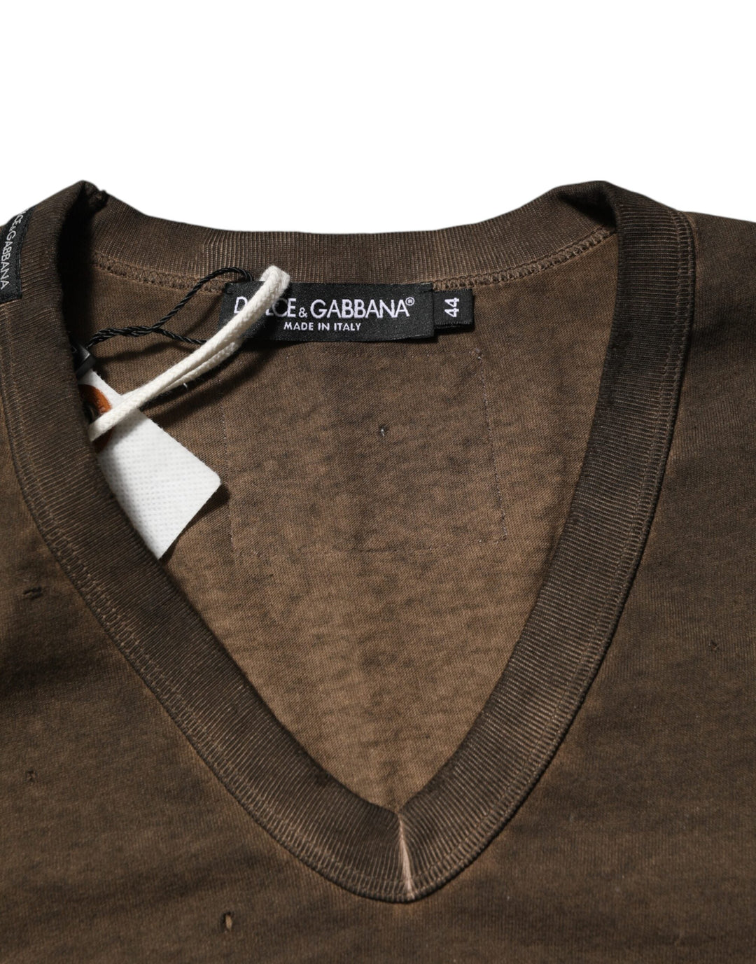 Dolce &amp; Gabbana Dark Brown Cotton Tattered Logo Men T-shirt