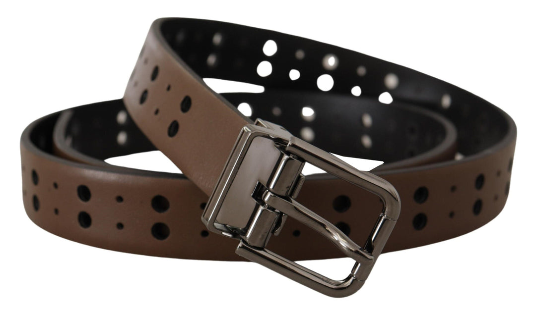 Dolce &amp; Gabbana Dark Brown Perforated Leather Metal Belt