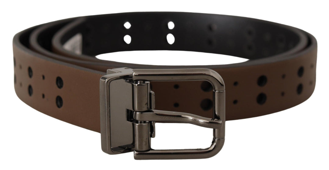 Dolce &amp; Gabbana Dark Brown Perforated Leather Metal Belt