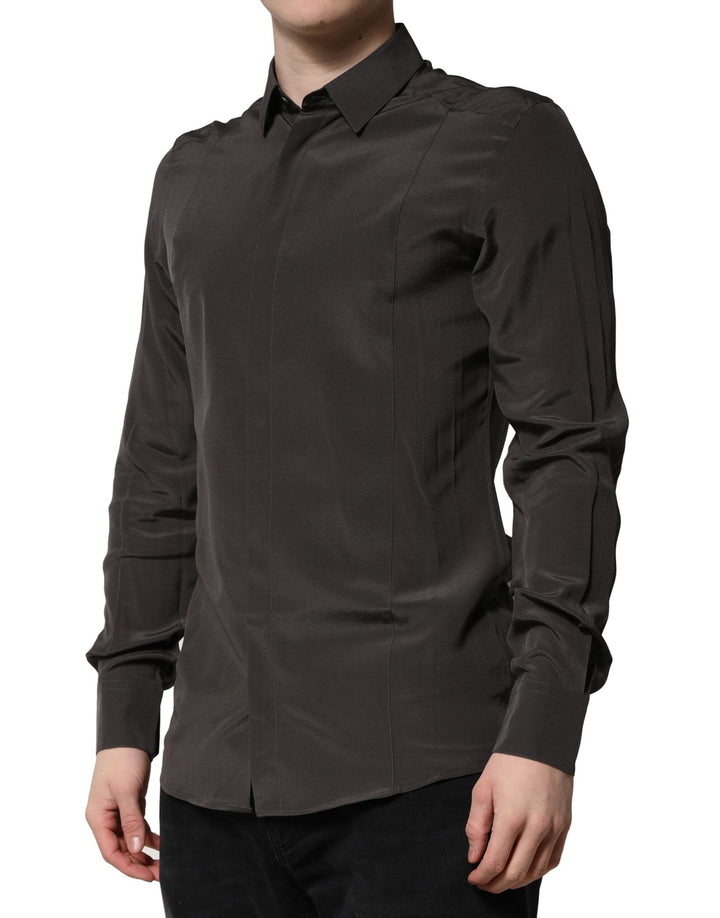 Men’s Dolce &amp; Gabbana Dark Brown Silk Gold Men Dress Formal Shirt