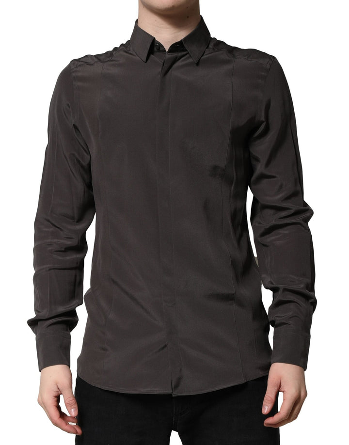 Men’s Dolce &amp; Gabbana Dark Brown Silk Gold Men Dress Formal Shirt