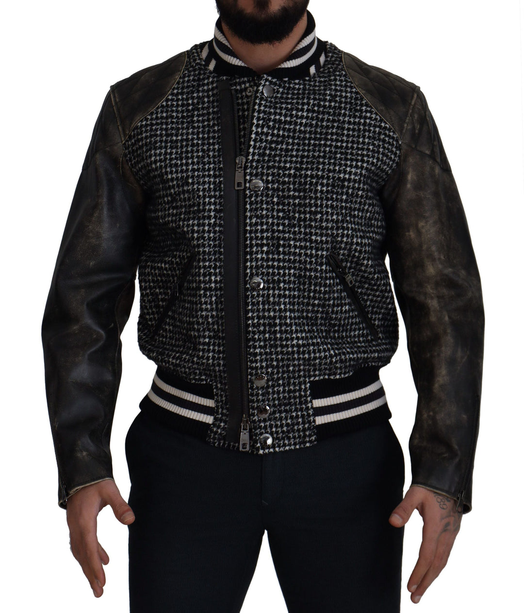 Men’s Dolce &amp; Gabbana Dark Gray Houndstooth Polyester Bomber Jacket