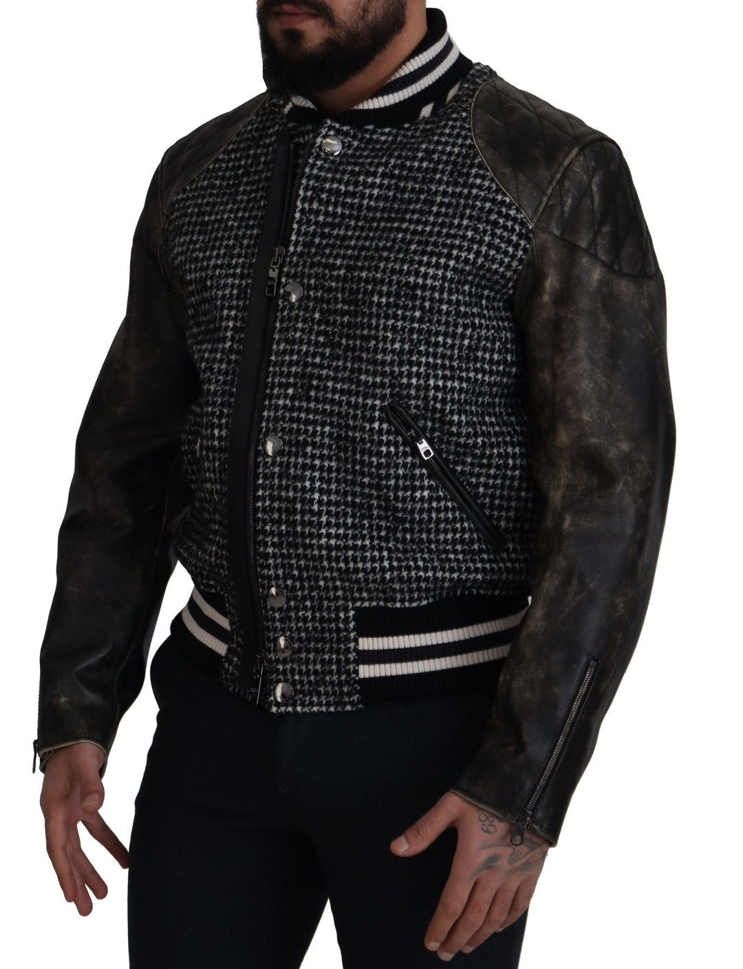 Men’s Dolce &amp; Gabbana Dark Gray Houndstooth Polyester Bomber Jacket