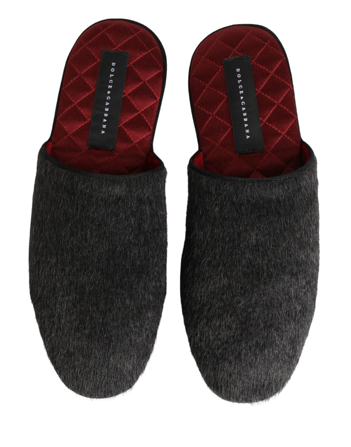 Men’s Dolce &amp; Gabbana Dark Grey Charcoal Wool Red Slippers Shoes