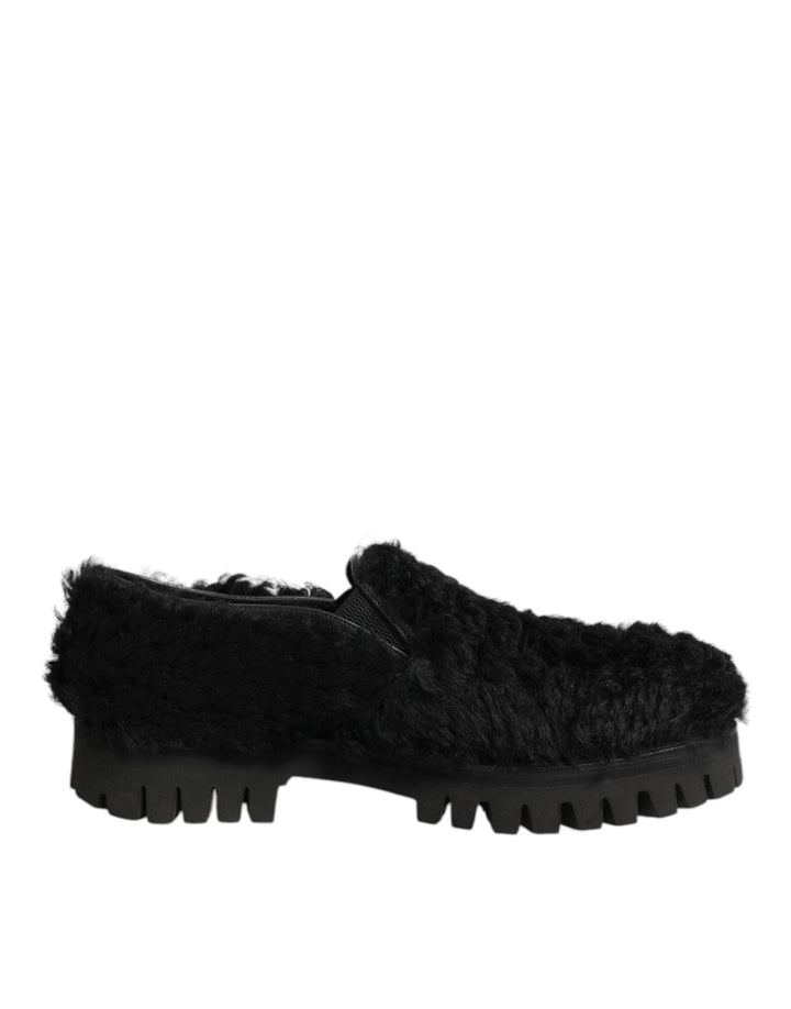 Men’s Dolce &amp; Gabbana Dress Black Fur Leather Slippers Men Shoes