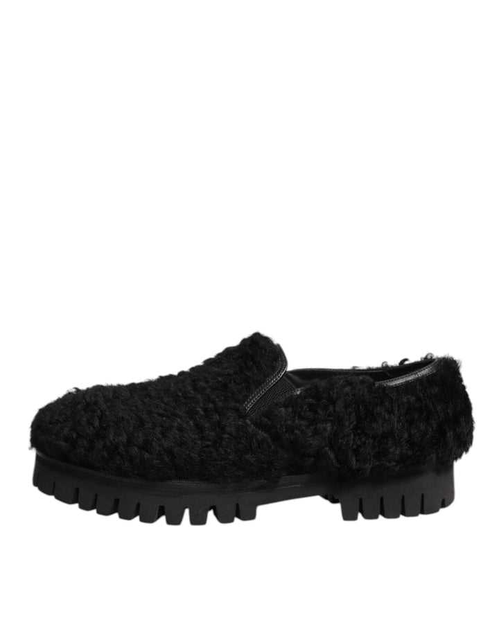 Men’s Dolce &amp; Gabbana Dress Black Fur Leather Slippers Men Shoes