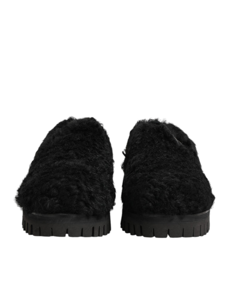 Men’s Dolce &amp; Gabbana Dress Black Fur Leather Slippers Men Shoes