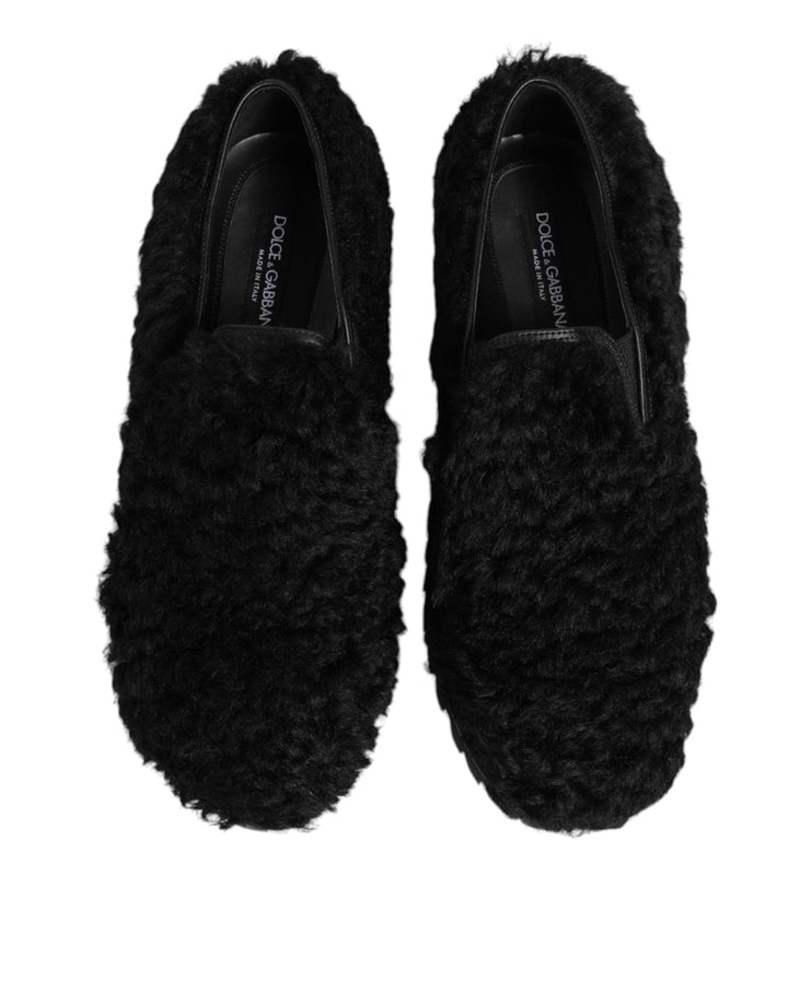 Men’s Dolce &amp; Gabbana Dress Black Fur Leather Slippers Men Shoes