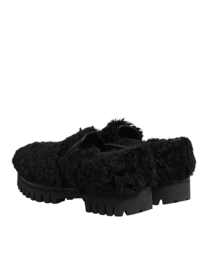 Men’s Dolce &amp; Gabbana Dress Black Fur Leather Slippers Men Shoes