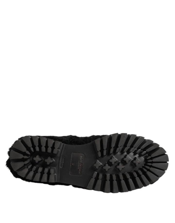 Men’s Dolce &amp; Gabbana Dress Black Fur Leather Slippers Men Shoes