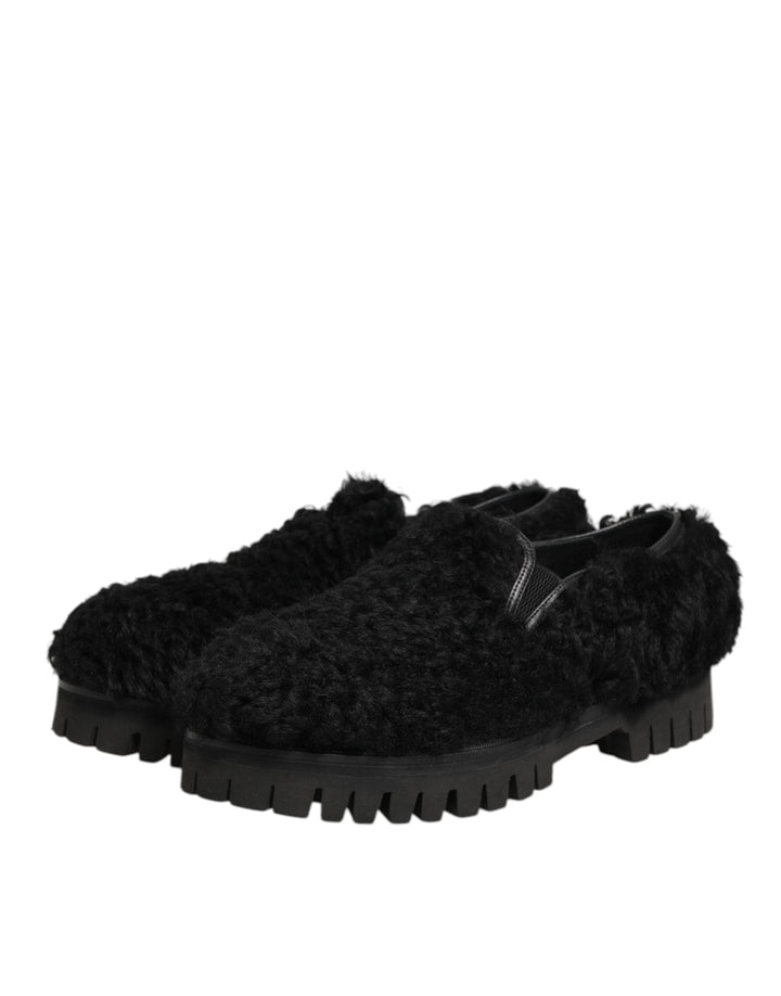 Men’s Dolce &amp; Gabbana Dress Black Fur Leather Slippers Men Shoes