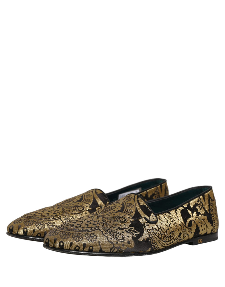Men’s Dolce &amp; Gabbana Gold Jacquard Leather Slip on Loafers Shoes