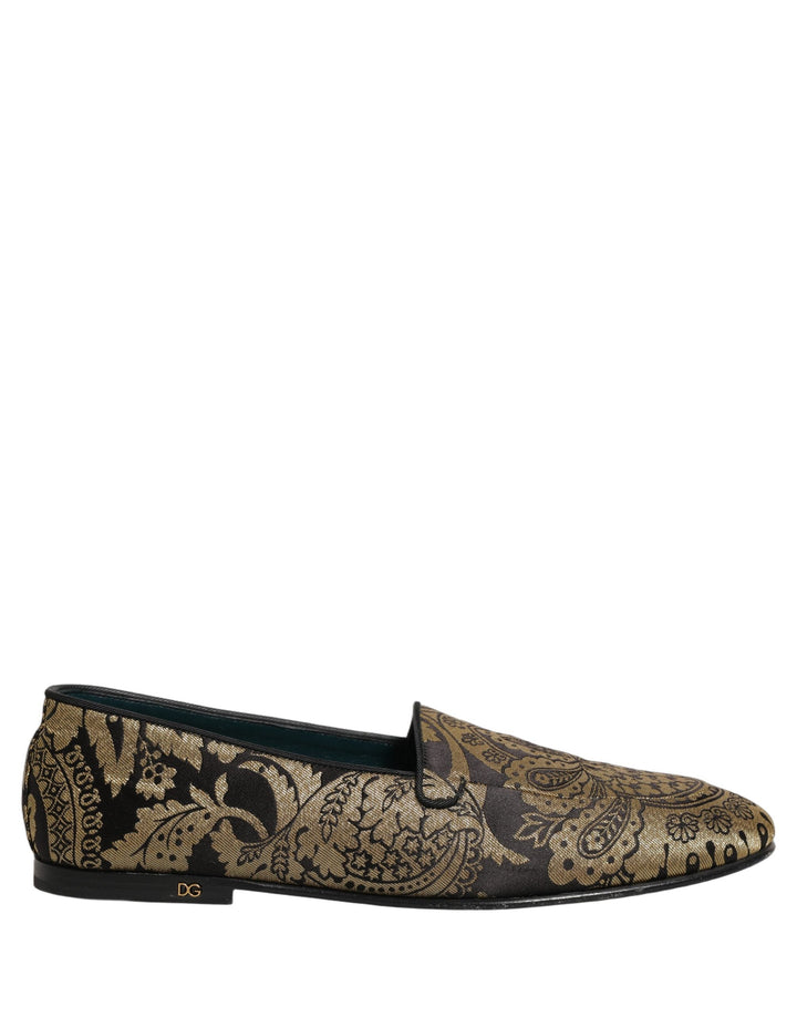 Men’s Dolce &amp; Gabbana Gold Jacquard Leather Slip on Loafers Shoes