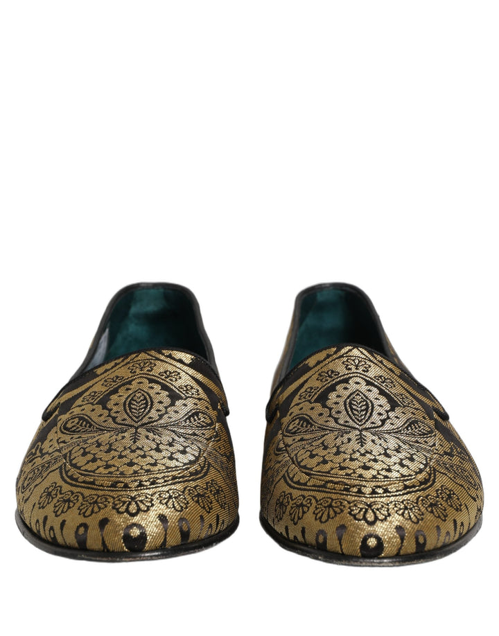 Men’s Dolce &amp; Gabbana Gold Jacquard Leather Slip on Loafers Shoes