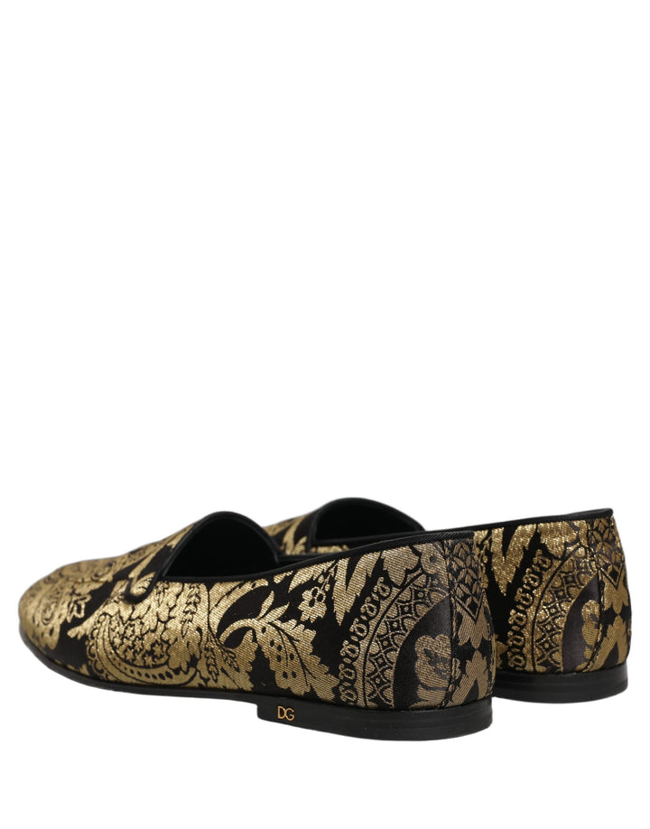 Men’s Dolce &amp; Gabbana Gold Jacquard Leather Slip on Loafers Shoes