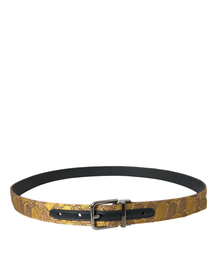 Dolce &amp; Gabbana Gold Leather Jacquard Silver Metal Buckle Belt
