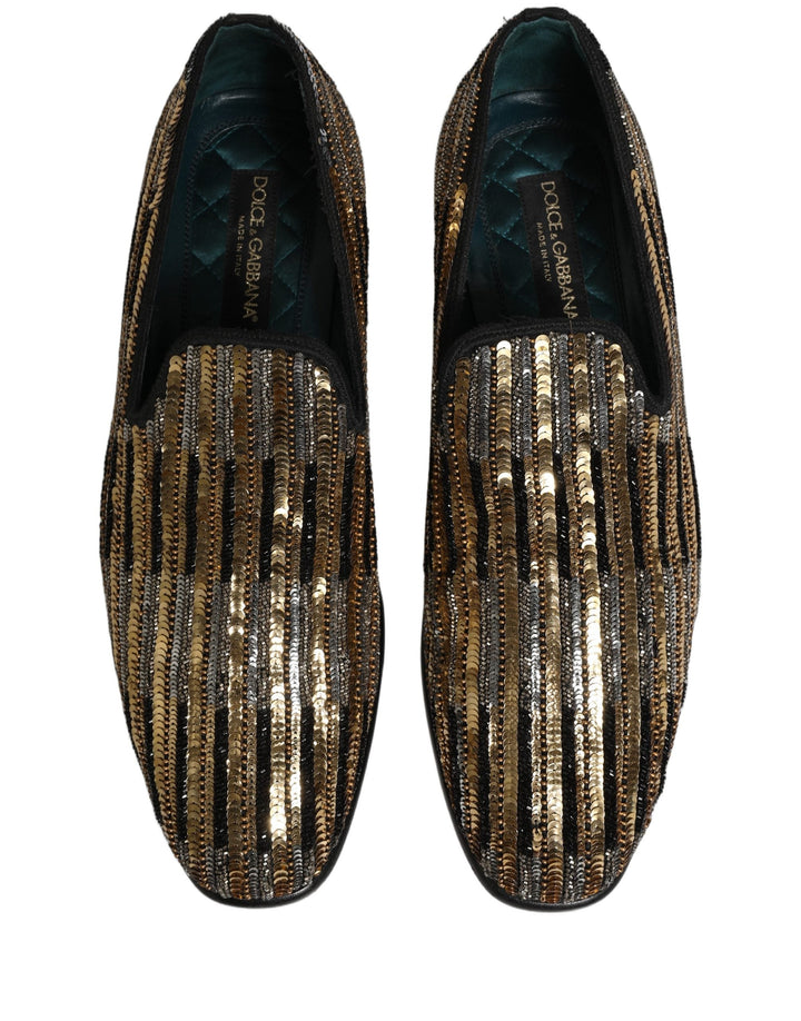 Men’s Dolce &amp; Gabbana Gold Striped Sequin Embellished Loafer Shoes