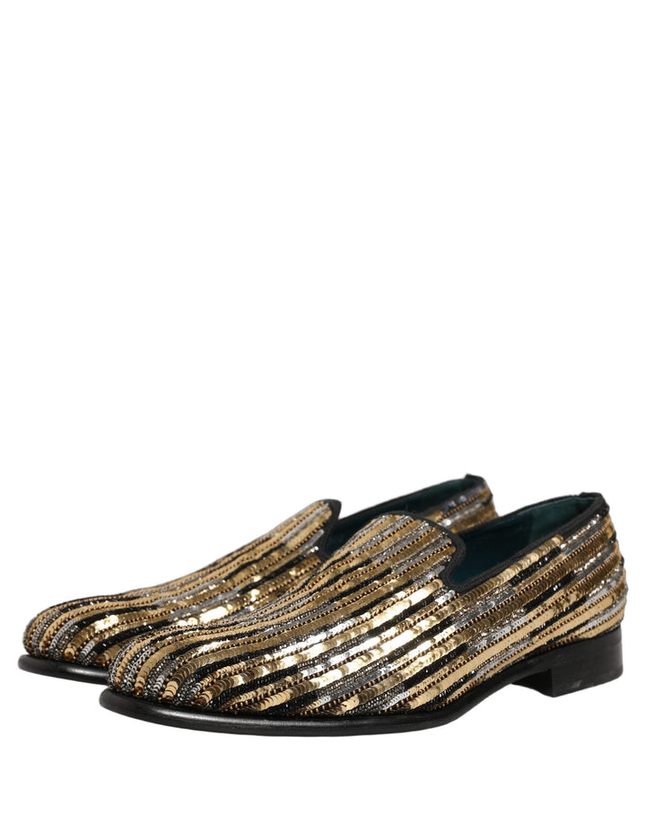 Men’s Dolce &amp; Gabbana Gold Striped Sequin Embellished Loafer Shoes