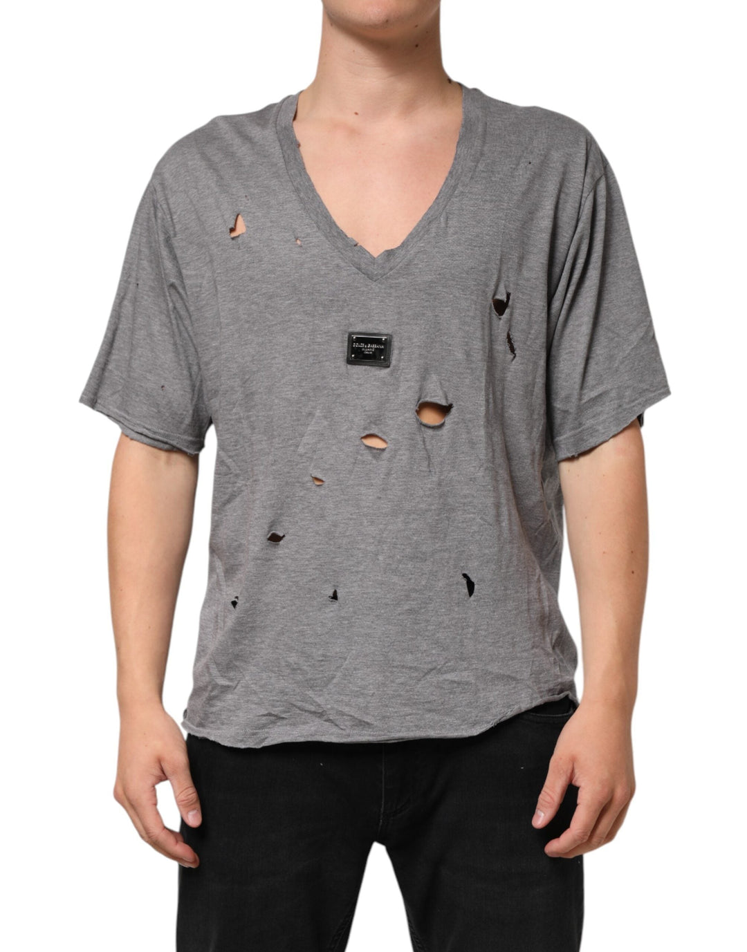 Dolce &amp; Gabbana Gray Cotton Tattered Logo Patch Men T-shirt