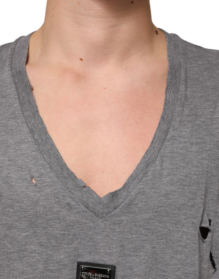 Dolce &amp; Gabbana Gray Cotton Tattered Logo Patch Men T-shirt