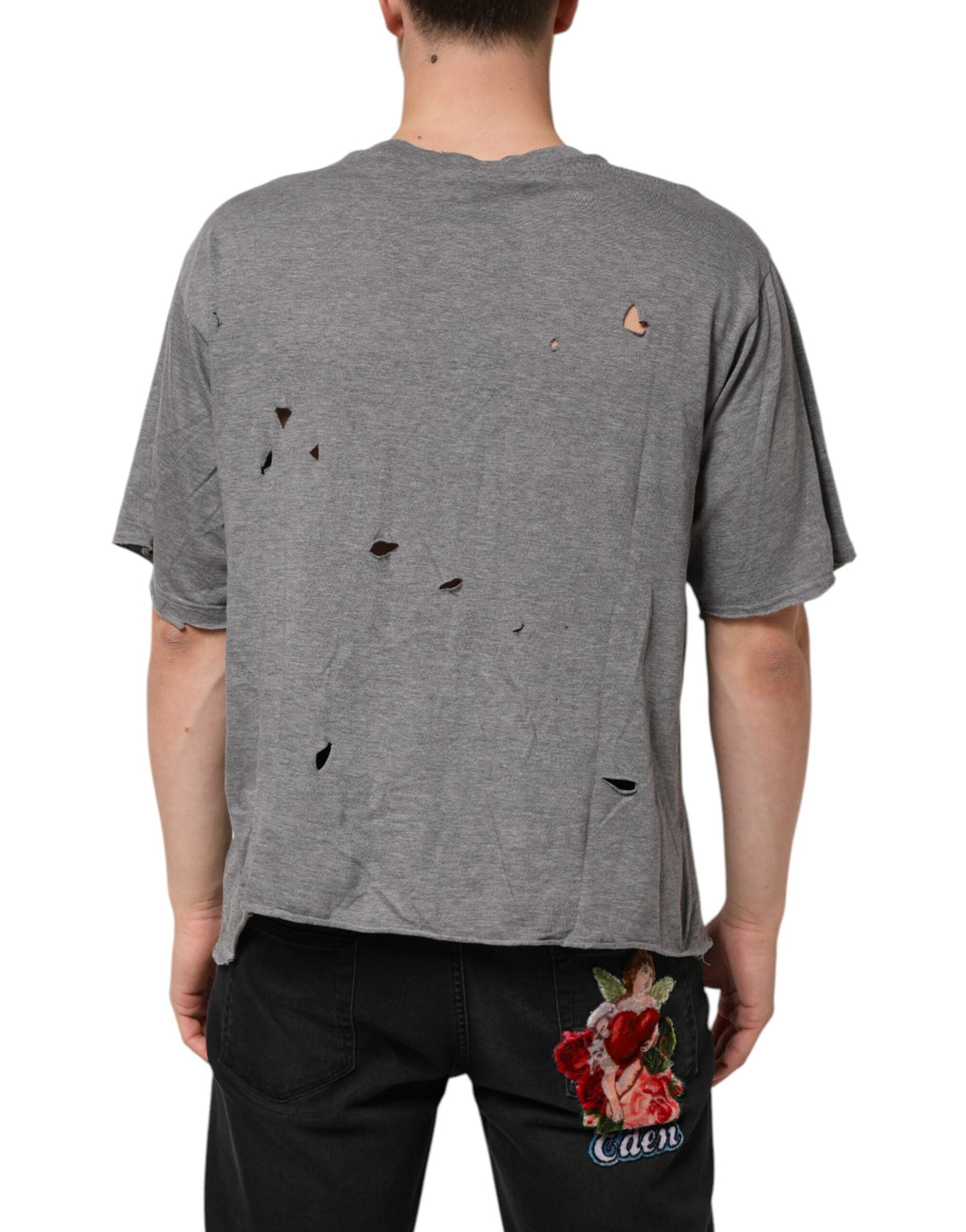 Dolce &amp; Gabbana Gray Cotton Tattered Logo Patch Men T-shirt