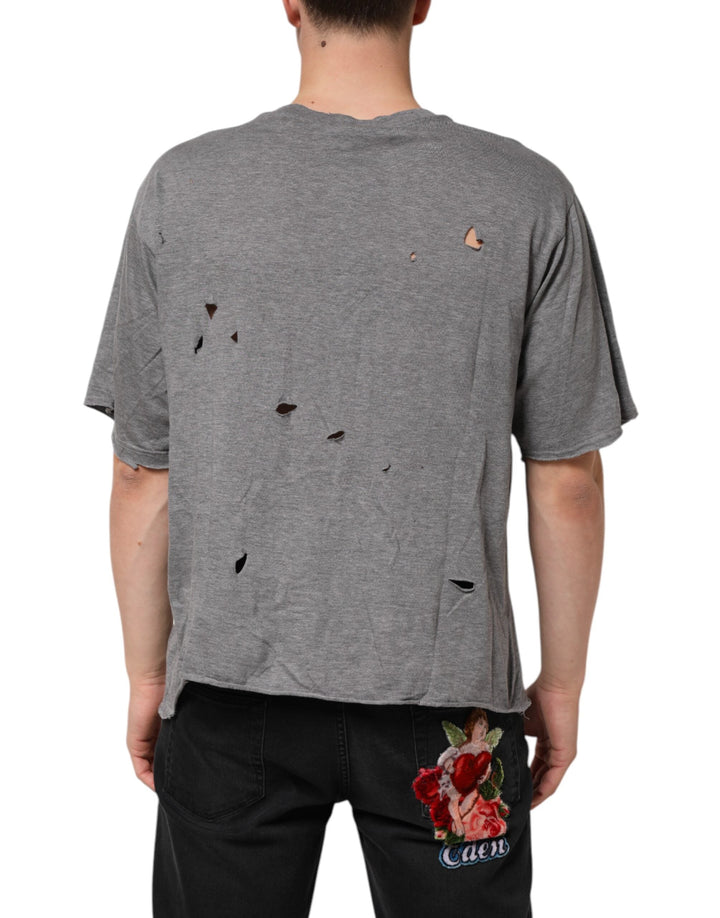 Dolce &amp; Gabbana Gray Cotton Tattered Logo Patch Men T-shirt
