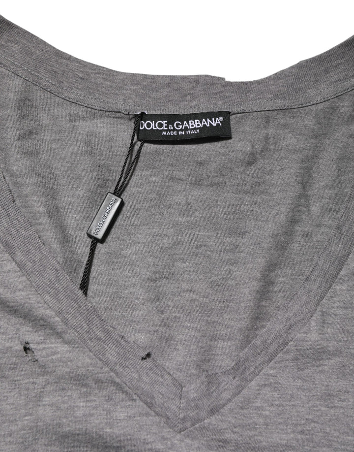 Dolce &amp; Gabbana Gray Cotton Tattered Logo Patch Men T-shirt