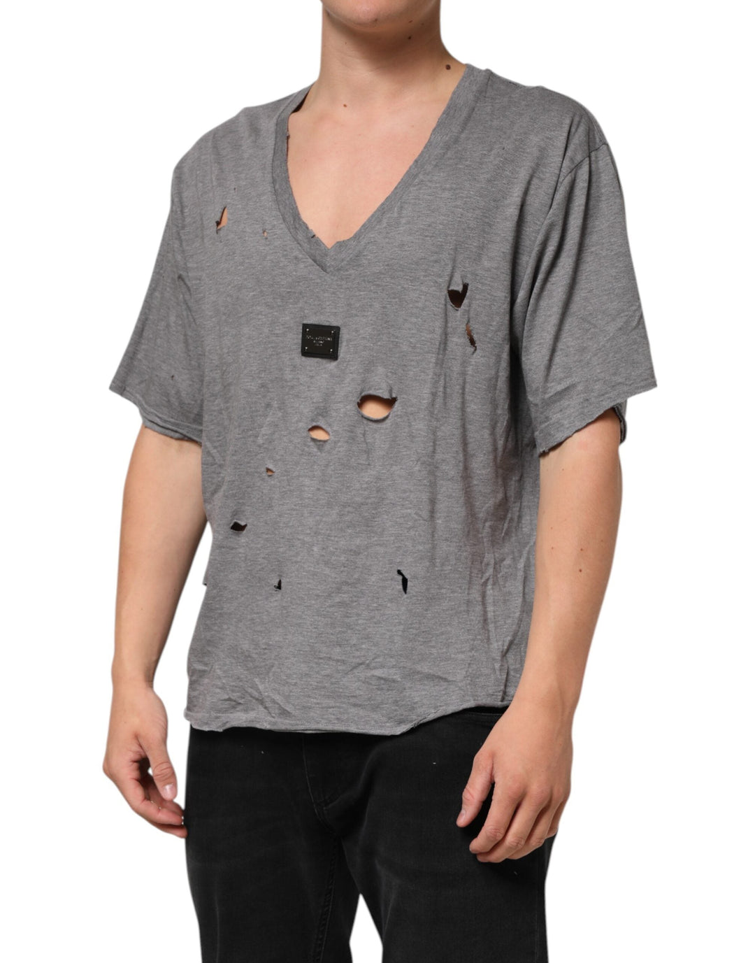 Dolce &amp; Gabbana Gray Cotton Tattered Logo Patch Men T-shirt