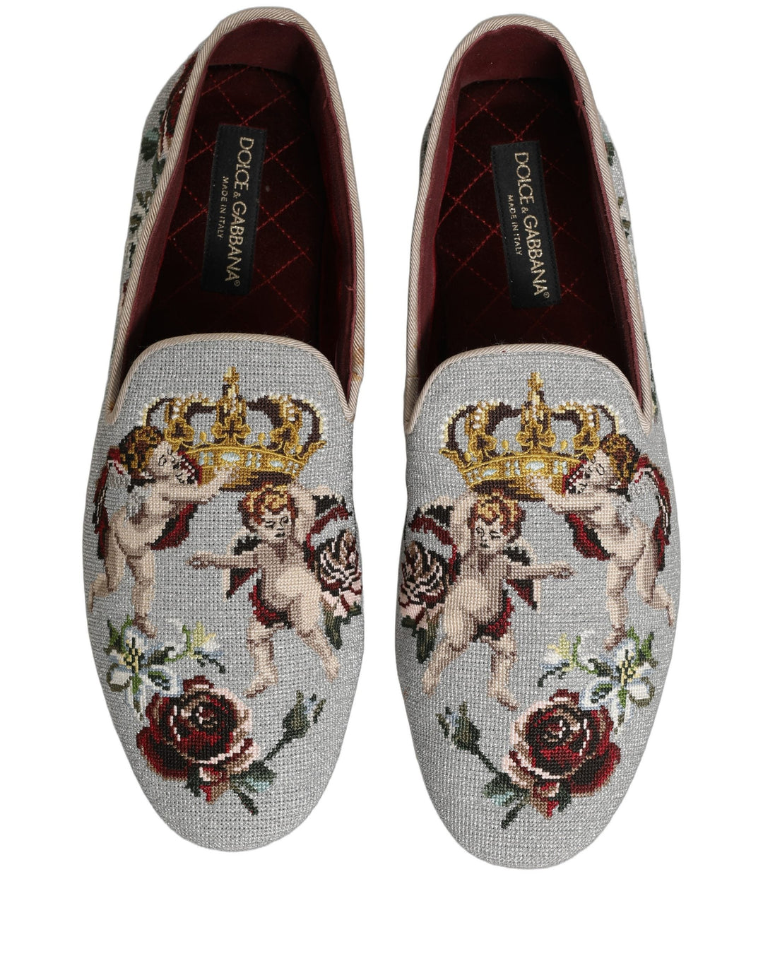 Men’s Dolce &amp; Gabbana Gray Crown Rose Angel Embroidery Loafer Shoes