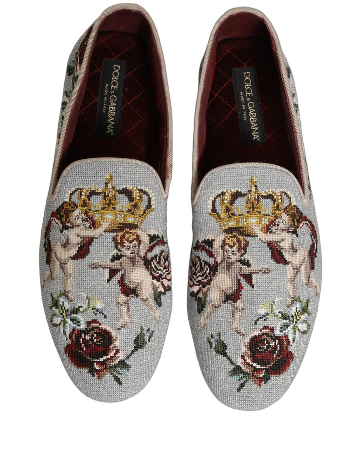 Men’s Dolce &amp; Gabbana Gray Crown Rose Angel Embroidery Loafer Shoes