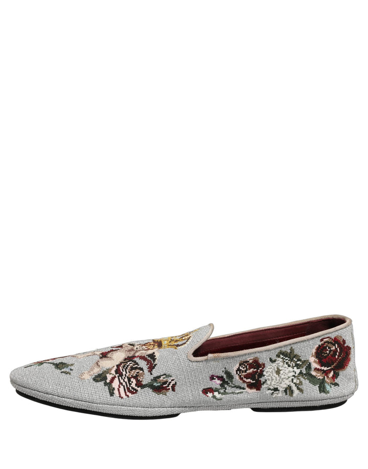 Men’s Dolce &amp; Gabbana Gray Crown Rose Angel Embroidery Loafer Shoes